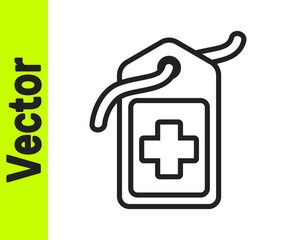 Black line Cross hospital medical tag icon isolated on white background. First aid. Diagnostics symbol. Medicine and pharmacy sign.  Vector Illustration