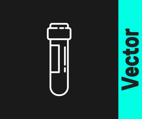 White line Test tube or flask with blood icon isolated on black background. Laboratory, chemical, scientific glassware sign.  Vector Illustration