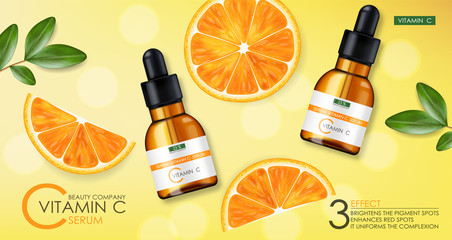 Vitamin C serum, beauty company, skin care bottle, realistic package mockup and fresh citrus, treatment essence, beauty cosmetics, vector banner