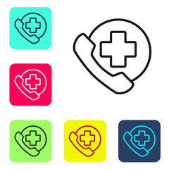 Fototapeta premium Black line Emergency phone call to hospital icon isolated on white background. Set icons in color square buttons. Vector Illustration