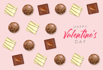 Realistic chocolate set, delicious dessert pattern, valentine's day, love banner, top view chocolate pralines collection, black and white chocolate vector illustration