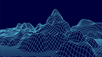 Wireframe landscape design on blue background. Technology vector grid.