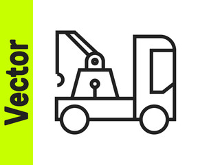 Black line Tow truck icon isolated on white background.  Vector Illustration