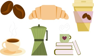 set of coffee and croissant for coffee lovers, stickers of coffee