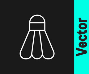 White line Badminton shuttlecock icon isolated on black background. Sport equipment.  Vector Illustration