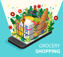 Grocery shopping online concept. Smartphone screen with supermarket basket.