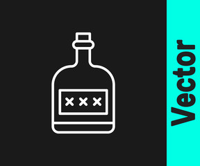 White line Alcohol drink Rum bottle icon isolated on black background.  Vector Illustration