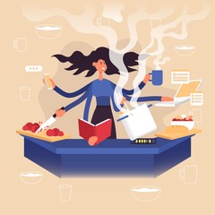 Woman freelancer does several things at once time.
