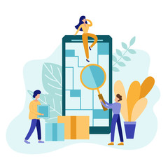 Fast parcel delivery service and courier with box in his hand. City street in the background with parcel route. Flat vector illustration.