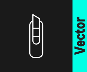 White line Stationery knife icon isolated on black background. Office paper cutter.  Vector Illustration