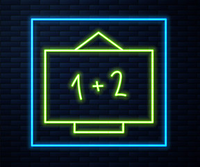 Glowing neon line Chalkboard icon isolated on brick wall background. School Blackboard sign.  Vector Illustration