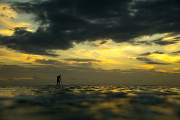 Paddle surfing at sunset
