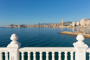 Benidorm Spain view towards Poniente playa from the viewpoint in old town Costa Blanca
