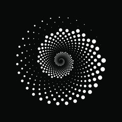 White vortex form shape with halftone dots. Geometric art. Trendy design element for frame, logo, tattoo, sign, symbol, web, prints, posters, template, pattern and abstract background