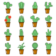 Set of multicolored cactus icons. Cartoon image of various varieties of cacti in pots. Isolated vector on a white background.
