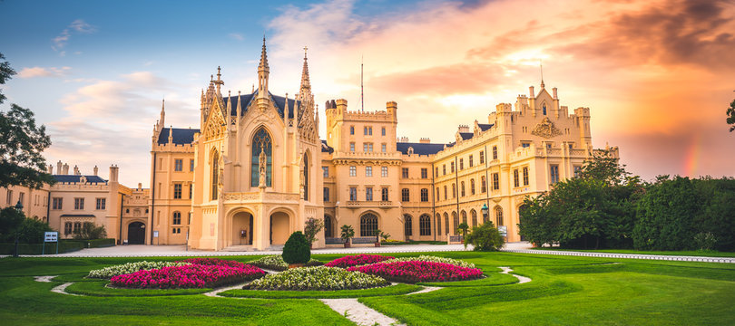 Lednice Chateau with beautiful gardens and parks on sunny summer day.  Lednice-Valtice  Landscape, South Moravian region. UNESCO World Heritage Site.