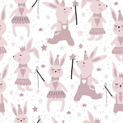 Hand drawn vector illustration. Seamless pattern. Pastel color. Cute cartoon. Little rabbit. Scandinavian style. For baby textile or other decoration.