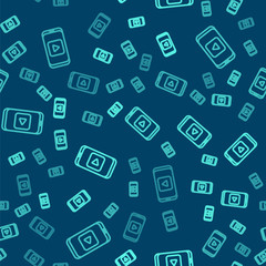 Green line Online play video icon isolated seamless pattern on blue background. Smartphone and film strip with play sign.  Vector Illustration