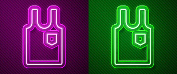 Obraz premium Glowing neon line Sleeveless T-shirt icon isolated on purple and green background. Vector Illustration