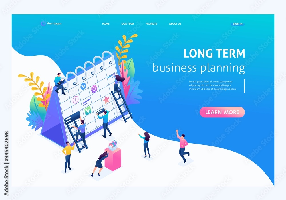 Poster isometric concept creating a long-term business planning strategy. landing page concepts and web des