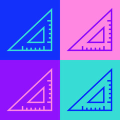 Pop art line Triangular ruler icon isolated on color background. Straightedge symbol. Geometric symbol. Vector Illustration