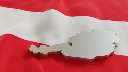 3d map of Austria resting on national flag backdrop