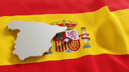 3d map of Spain resting on national flag backdrop