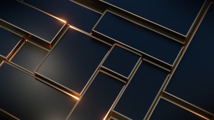 Black and gold metallic boxes reflecting glints of warm light. Abstract technology background. 3d rendering
