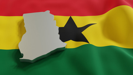 3d map of Ghana resting on national flag backdrop