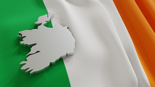 3d map of Ireland resting on national flag backdrop