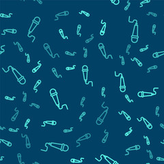 Green line Microphone icon isolated seamless pattern on blue background. On air radio mic microphone. Speaker sign. Vector Illustration