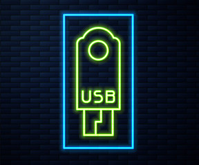 Glowing neon line USB flash drive icon isolated on brick wall background. Vector Illustration