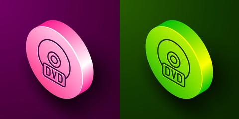 Isometric line CD or DVD disk icon isolated on purple and green background. Compact disc sign. Circle button. Vector Illustration