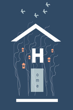 Abstract Line Illustration People, Society. Vector Stylized  Illustration Home. The Human Soul Is A House In Which Something Good Or Evil Necessarily Lives