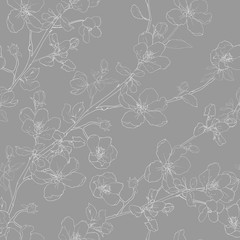 Seamless floral pattern with white outline branch with flowers cherry or apple blossom, buds, leaves on gray background. Blooming tree twigs sakura. Hand drawn.Vintage. Vector stock illustration.