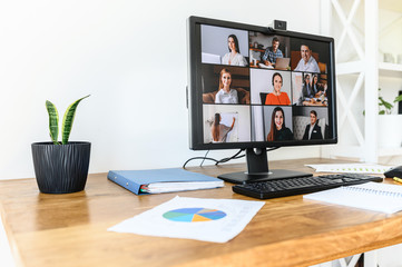 Online meeting, video call, video conference. App for video connection on pc in office, web shots...
