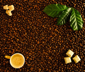 Roasted coffee beans background with white cup full of espresso with foam, top view. On beans lie fresh green coffee leaves, brown sugar cubes, slices of chocolate.  Flat lay.