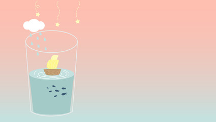 Optimism feel good concept illustration vector . Cute boat in glass with rain cloud and hanged star above it. pastel tone color