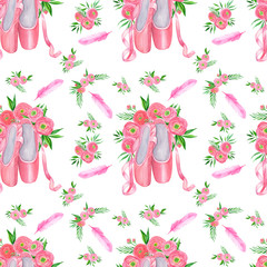 Seamless pattern with pink ballet shoes.