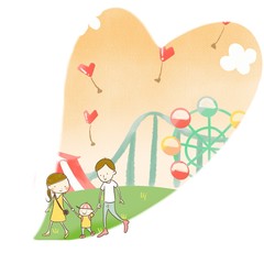 Family at amusement park, heart-shaped background 