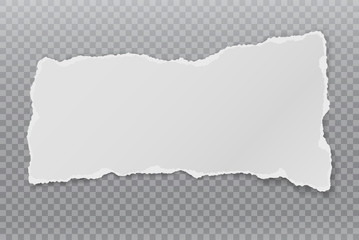 Piece of torn white horizontal note, notebook paper with soft shadow stuck on dark squared background. Vector illustration