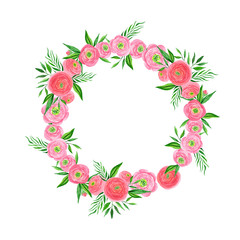 Flloral wreath with watercolor hand-drawn ranunculus