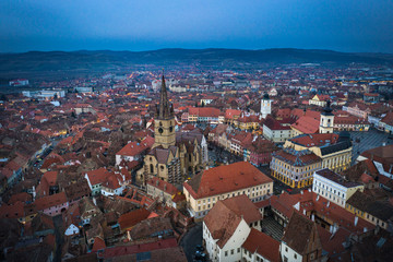 Sibiu, Romania aerial view of downtown at night time