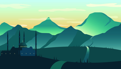 A beautiful Muslim mosque in the mountains, against the background of twilight, the Middle East. Vector illustration.
