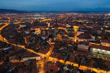 Evening aerial view of Sibiu, Romania, night landscape