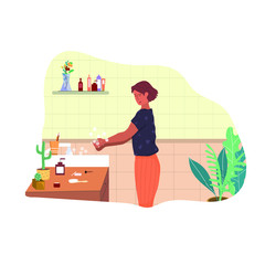 A woman washes her hands at home in the bathroom. Hand and body hygiene concept. Compliance with hygiene rules. Cartoon flat vector illustration.