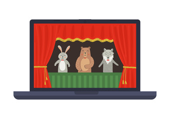 Online puppet theatre show. Toys animals plays on the scene on laptop screen. Folk fairy-tale. Distance children entertainment.