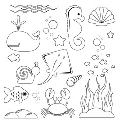 image with a black stroke of marine inhabitants and objects of the marine world isolated on a white background. Vector illustration