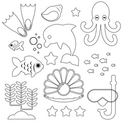 icons of the underwater world and marine life in black and white version isolated on a white background. Vector illustration