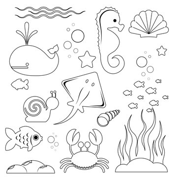 image with a black stroke of marine inhabitants and objects of the marine world isolated on a white background. Vector illustration
